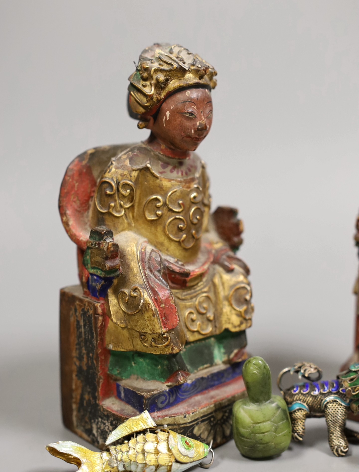 Two 19th century Chinese polychrome wood figures, 14.5cm tall, and other miscellaneous items